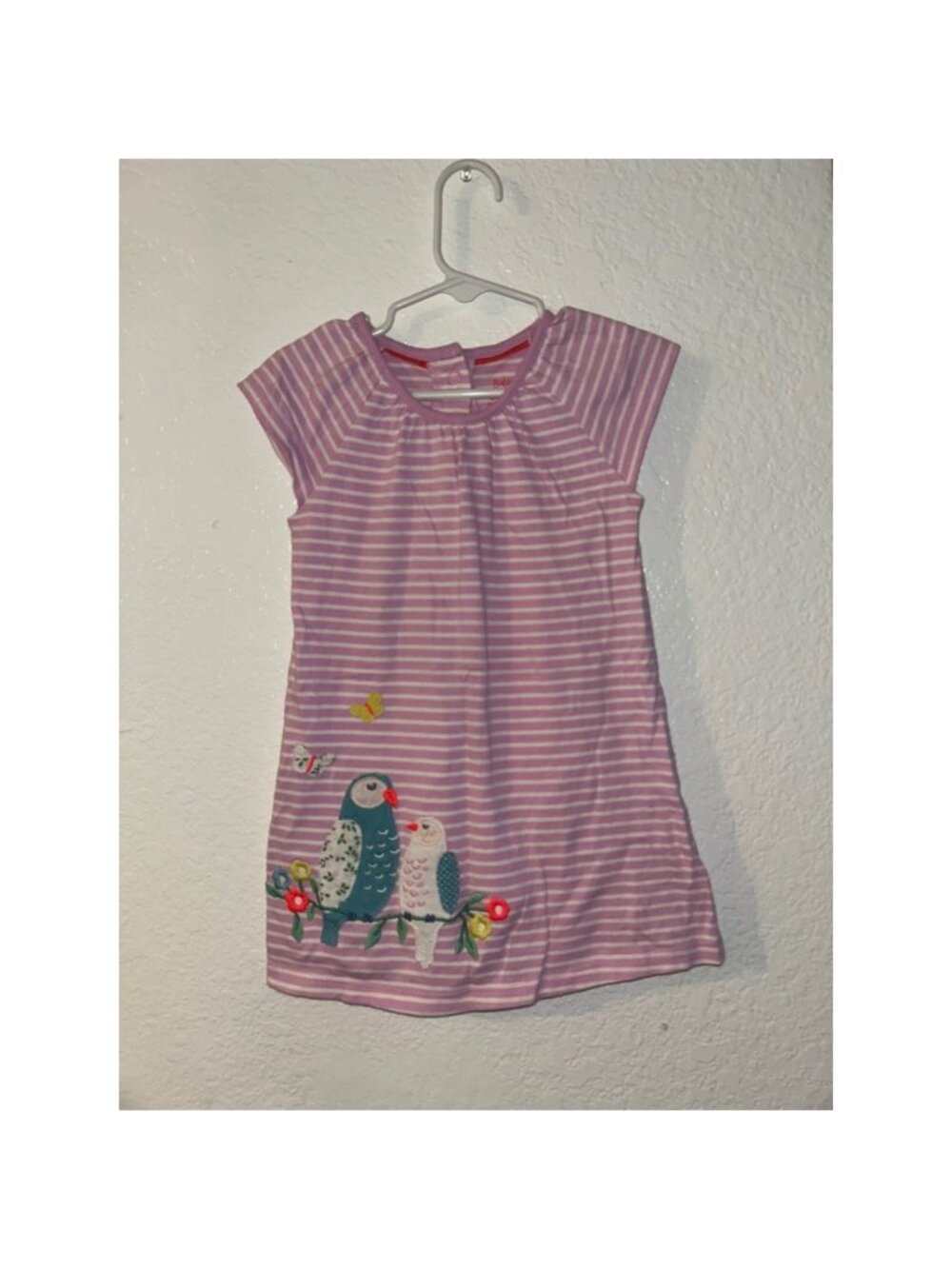 Baby Boden Girls Purple White Striped Bird Embroidered Jersey Dress 18-24M